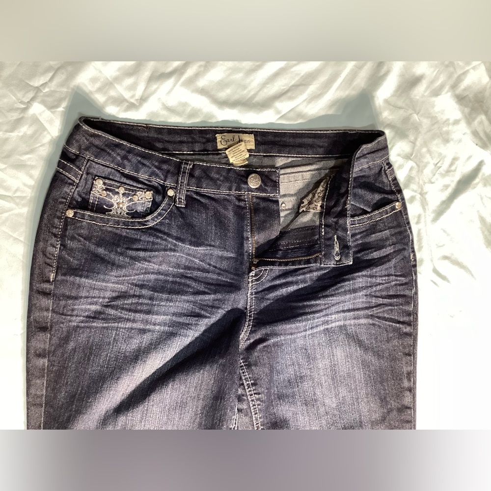 Earl Jean Rhinestone Straight Leg Mid Rise Dark Wash Jeans Size 12 - Picture 4 of 10